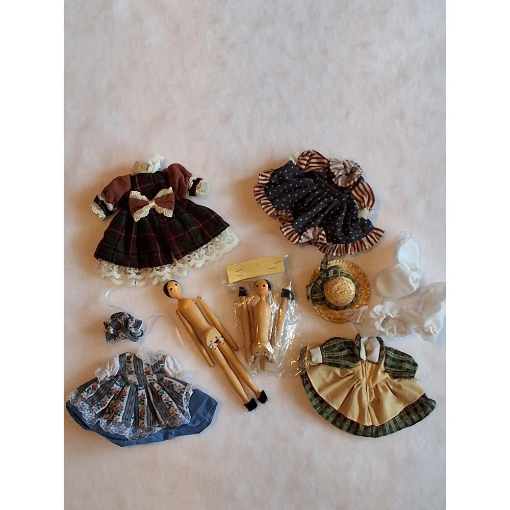 Vintage Shackman Handcrafted Wood Penny Doll Set with Clothes and Accessories